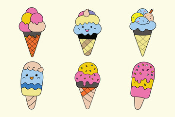 Set of cute ice cream drawing vector icon illustration on white background.