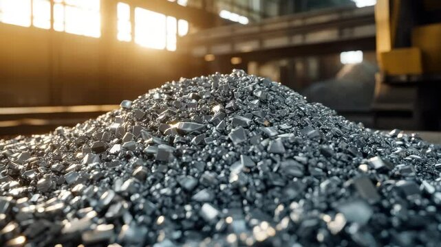 Sunlight highlights the texture of metal scrap at a recycling facility