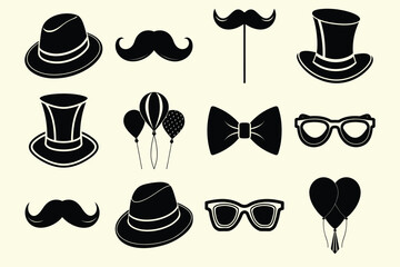  Set of father day element(tie,bow tie, sunglasses,Mustache props,crown,cake,hat,hookha,balloons,bread,beard)silhouette vector icon illustration on white background.