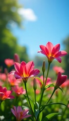 Fototapeta premium Serene garden with vibrant alstroemeria flowers in full bloom under clear blue sky, tranquil, blooming, clear sky