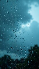 Close up of raindrops on a window pane with stormy clouds, raindrops, glass, window