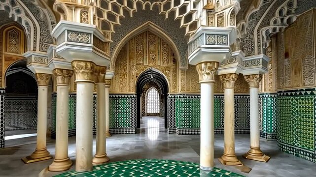 Intricate Moorish Architecture with Columns and Arches in Historical Palace Interior