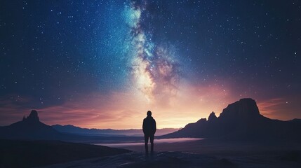 Man staring at night sky filled with stars milky way silhouette mountains and horizon