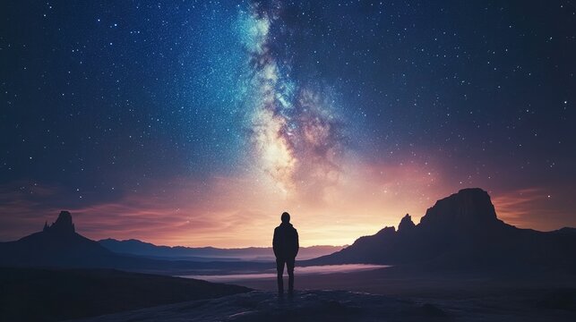 Man staring at night sky filled with stars milky way silhouette mountains and horizon