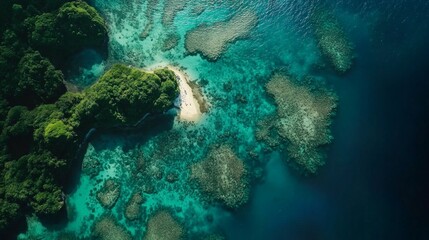 Obraz premium Aerial view of vibrant coral reefs and lush green islands tropical ocean nature photography serene environment bird's eye perspective