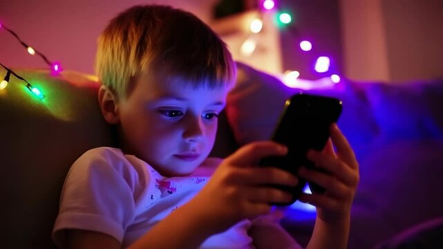 Young boy engrossed with a mobile phone in the evening with string lights creating a cozy and vibrant atmosphere.
