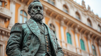 Fototapeta premium Bronze statue of a historical figure, in front of grand architecture