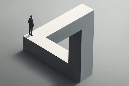 A man stands in an Optical Illusion of an Impossible Triangle structure in a surreal, challenging logic and perception. Surreal  &ndash; Minimalist Geometric Art, spatial paradox in a calm, abstract space
