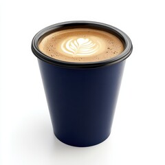Dark-blue take-out coffee cup with latte art