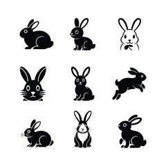 Fototapeta premium Cute rabbit silhouette collection with different bunny poses in black and white on a white background