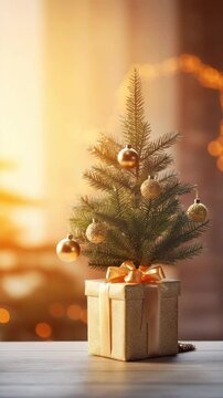 A beautifully decorated Christmas tree with a gift box in warm, festive lighting.