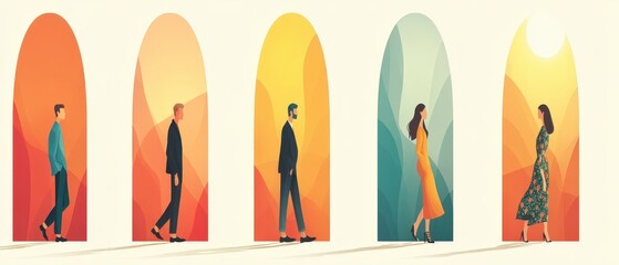 Diverse People Walking in Abstract Landscapes  Minimalist Illustration