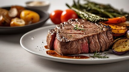 A perfectly cooked steak with grill marks, served with a side of roasted vegetables, showcased on a clean white background