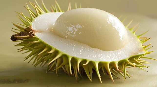 Close-up of a cut open pulasan fruit showcasing its translucent flesh and spiky rind