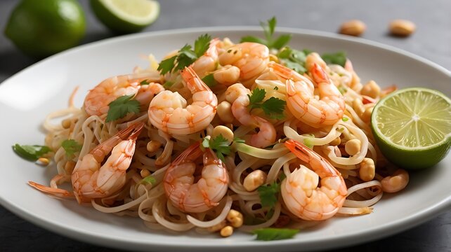 A plate of Thai pad thai noodles with shrimp, peanuts, and lime, beautifully presented on a white background