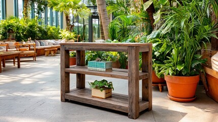 Fototapeta premium Rustic wooden console table in a lush, indoor garden setting