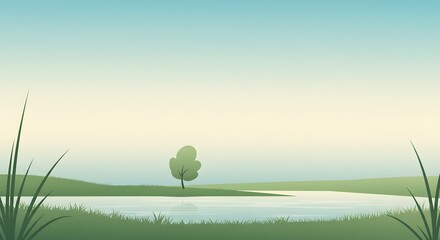 Serene Landscape Calm River, Lone Tree, and Lush Grass