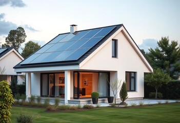 Modern house with solar panels on roof, sustainable energy, alternative energy, sustainable