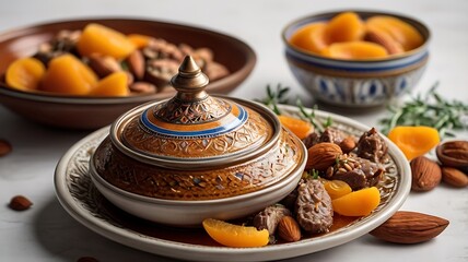 Fototapeta premium A Moroccan tagine with tender lamb, apricots, and almonds, beautifully plated on a white background