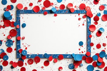 greeting card template with red-blue confetti borders on a white center background, American holiday theme