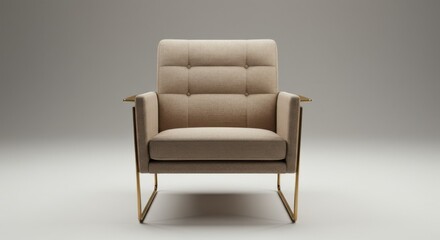 Modern beige armchair with gold frame isolated on neutral background