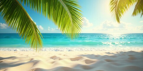 Obraz premium Palm fronds scattered on sunlit beach backdrop, relax, serene