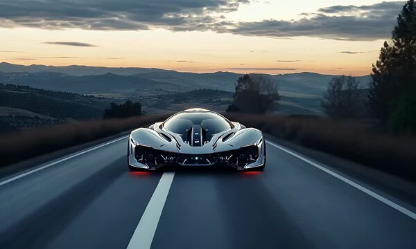 Futuristic supercar driving on highway at sunset
