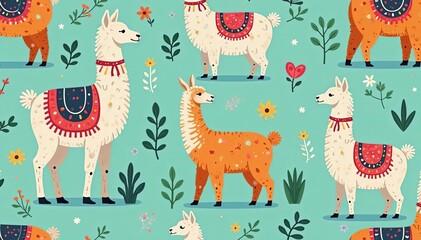 Obraz premium Playful llama doing yoga poses in a colorful vector seamless pattern, yoga, llama