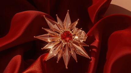 Sparkling maple leaf brooch on red velvet, golden sunlight and firework reflections, celebrating Canada Day with patriotic elegance.