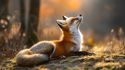 A fox stretching lazily on a wooden deck, minimal cozy vibes