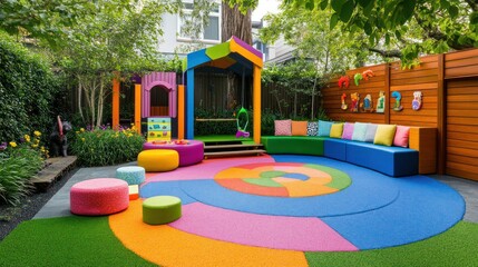 A vibrant and colorful children's play area with a colorful circular play surface.