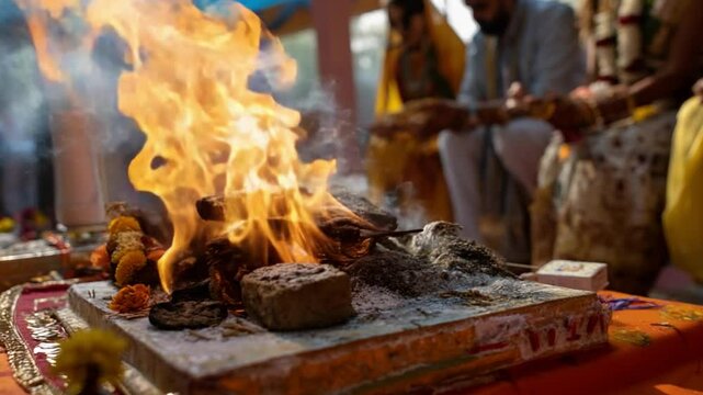 Sacred Fire Ritual: A close-up shot of a sacred fire burning brightly, with offerings placed on a stone platform.  Smoke curls upwards, adding a mystical atmosphere to the scene.