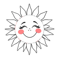 Happy Sun Face with Closed Eyes and Rosy Cheeks, Line Art Illustration