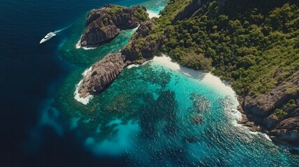 Obraz premium Serene yacht adventure tropical coast aerial view vibrant waters scenic beach nature escape