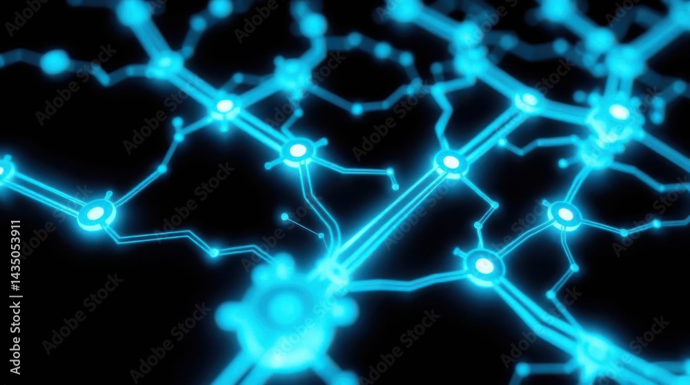 Poster futuristic neural network connection with glowing blue light effects