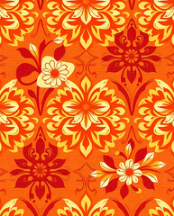 A vibrant batik fabric pattern with floral motifs and intricate linework, seamless pattern.