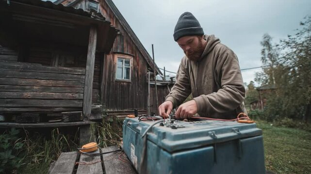 Homesteading Focus: A rugged man works diligently on a battery in front of an old wooden house, showcasing the ethos of self-sufficiency. capturing the essence of rustic.