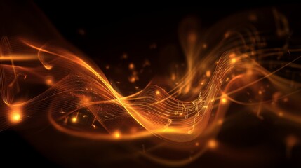 glowing treble clefs and quarter notes burning with blue-white intensity, floating on waves of fiery abstract energy, dark smoky background