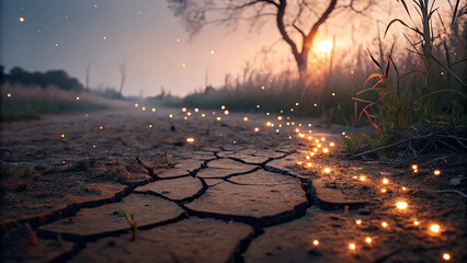 Enchanted Pathway Under a Mystical Twilight Glow, Featuring Cracked Earth Illuminated by Floating Magical Lights, Leading Towards a Majestic Tree Silhouetted Against the Fiery Hues of a Dreamlike Suns