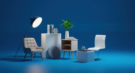 Modern interior scene with furniture and decorative elements on blue background