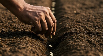 Planting Seeds A Close-Up View of Hands Sowing Seeds in Rich Soil