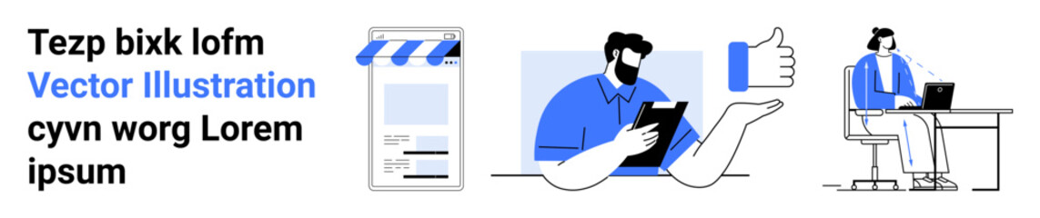 Digital storefront with a striped awning, male figure interacting with a tablet, thumbs-up gesture, person at a desk using a laptop. Ideal for online commerce, teamwork, remote work, creativity