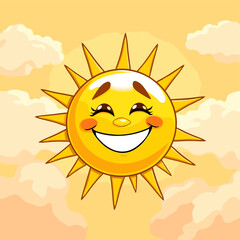 Joyful Cartoon Sun Smiling Amidst Pastel Clouds