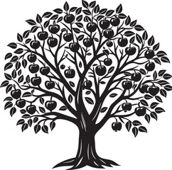 black and white silhouette vector of apple tree