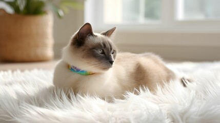A serene cat lounges on a fluffy rug, showcasing its elegant features and colorful collar in a bright, cozy indoor setting.