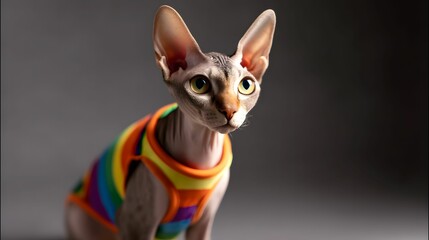 A playful Sphynx cat wears a colorful rainbow shirt, showcasing its unique look and personality against a softly blurred background.