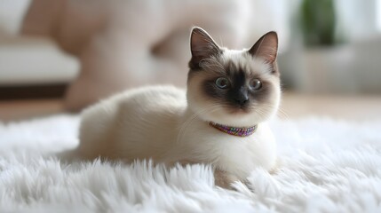 A playful cat with striking blue eyes lounging on a fluffy white rug, exuding charm and curiosity in a cozy indoor setting.