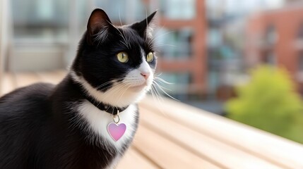 A black and white cat wearing a pink collar sits on a wooden surface, looking thoughtfully toward the distance in a modern outdoor setting.