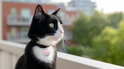 A black and white cat with a colorful collar gazes thoughtfully outdoors, surrounded by greenery and modern buildings in the background.