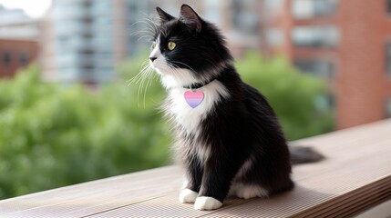A fluffy black and white cat sits on a ledge, gazing outside with a heart-shaped collar tag, surrounded by greenery and urban buildings.